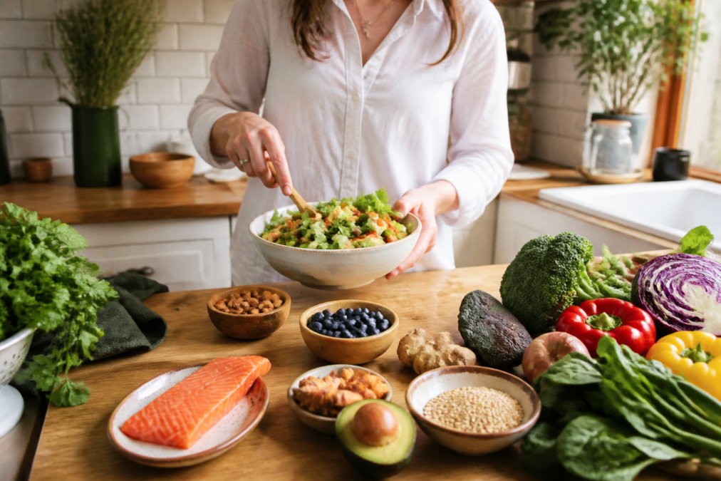 Person in a white shirt tosses a colorful salad in a bowl at a kitchen island, with fresh vegetables and ingredients laid out nearby.