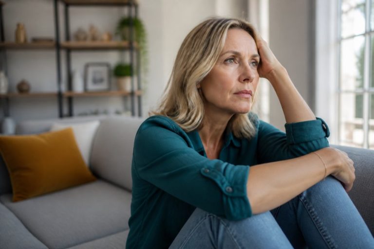 can-bioidentical-hormones-help-with-anxiety-1787715078 - Thrive Health Solutions A woman sits on a sofa with her head resting on her hand, looking thoughtful in a sunlit living room.
