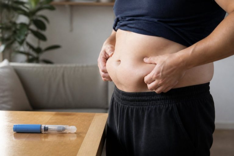 Person pinching their belly fat while an insulin pen rests on a table, signaling diabetes self-management at home.