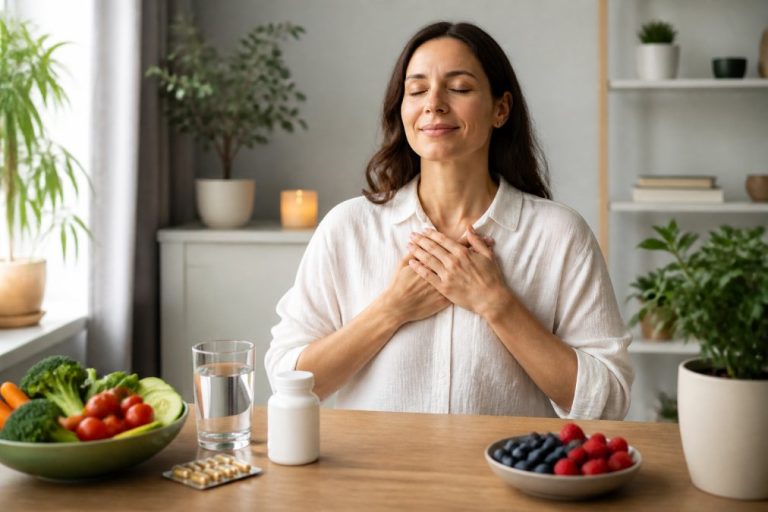 how-to-improve-fatigue-with-hormone-balancing-1787623636 - Thrive Health Solutions Woman in a white shirt sits with eyes closed, hands over her heart, practicing mindfulness at a table with veggies and berries.