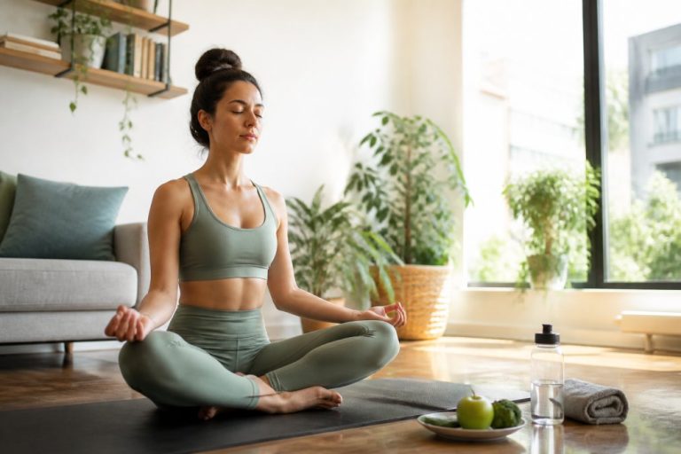 how-to-manage-cortisol-levels-for-better-weight-loss-1787288025 - Thrive Health Solutions Woman in green yoga outfit sits cross‑legged on a mat meditating in a bright living room with plants and a water bottle nearby