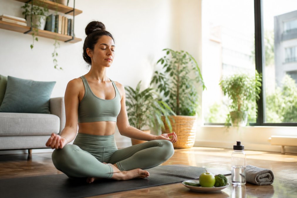 Woman in green yoga outfit sits cross‑legged on a mat meditating in a bright living room with plants and a water bottle nearby