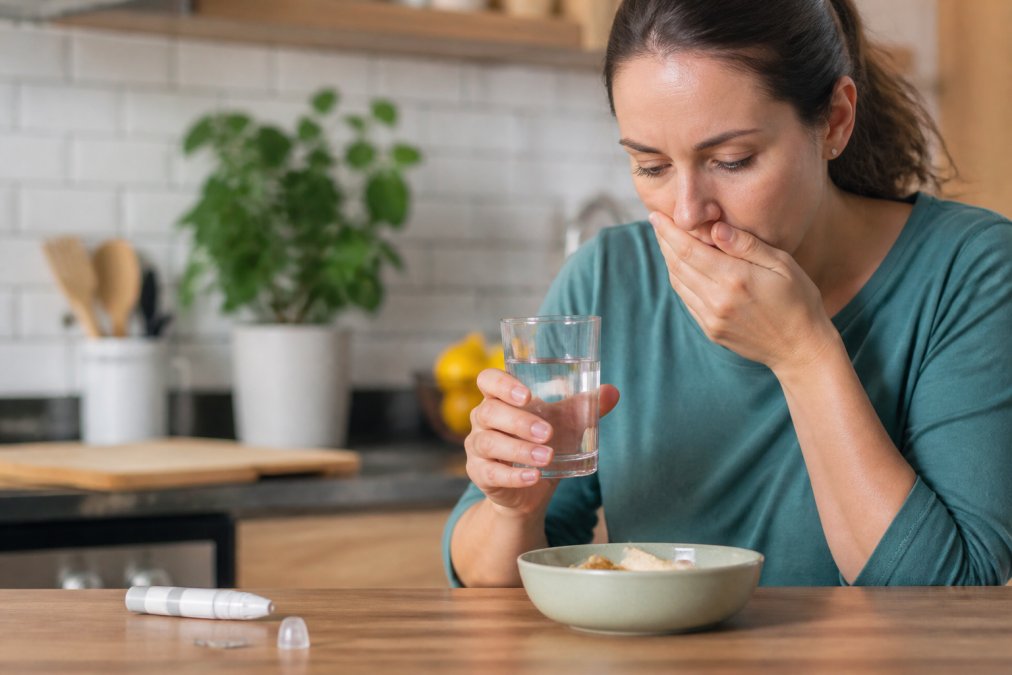 Woman in a teal top sits at a kitchen table, covering her mouth with one hand while holding a glass of water; a bowl sits in front of her on the table.