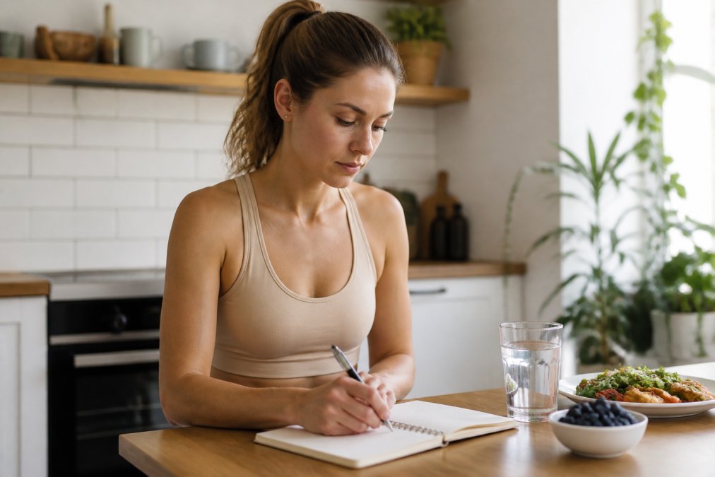 Woman in a beige athletic top writes in a notebook at a kitchen island, with a plate of food, a glass of water, and blueberries nearby.