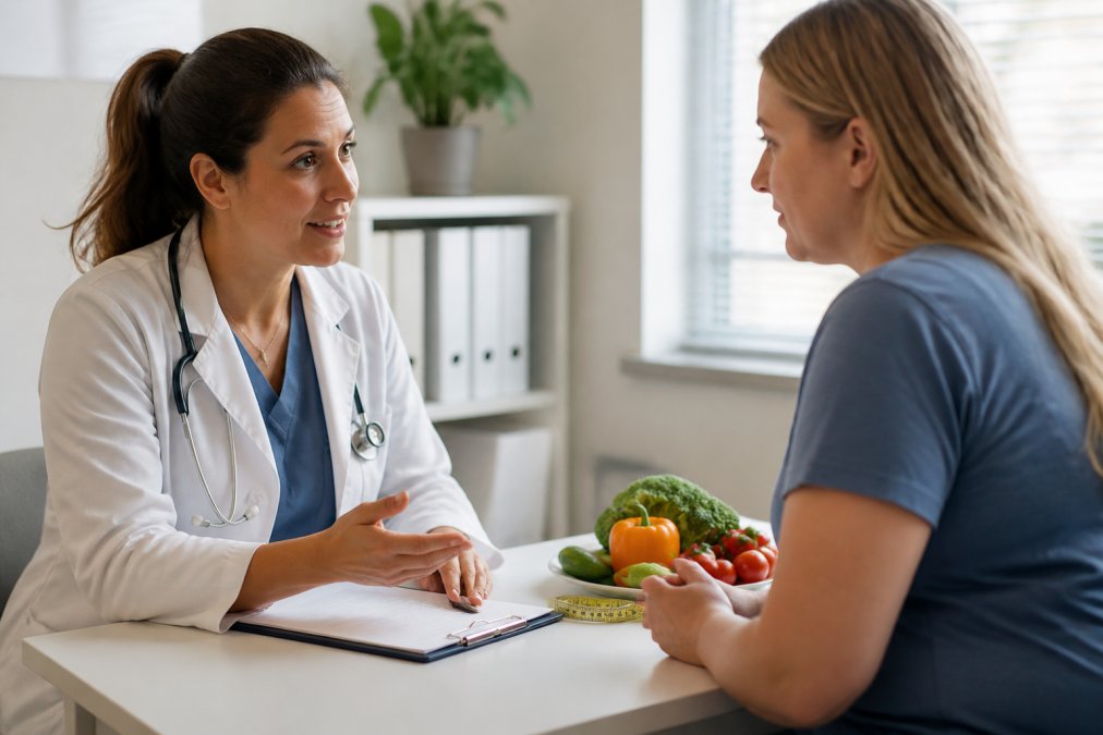 Female doctor in a white coat with stethoscope discusses nutrition with a patient across a table, a tray of fresh vegetables on the desk.