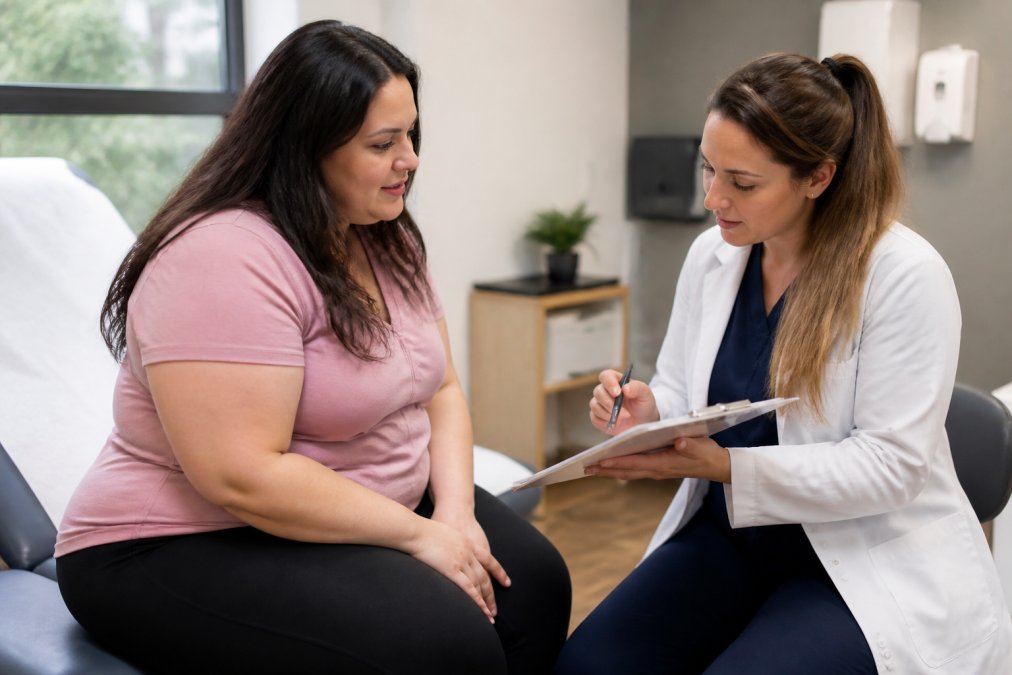 is-medical-weight-loss-covered-by-insurance-1787017963 - Thrive Health Solutions - Thrive Health Solutions Clinician in a white coat writes notes on a clipboard for a seated patient in a clinic exam room.