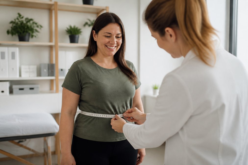 Woman in a green shirt smiles as a clinician measures her waist with a tape measure in a bright clinic.