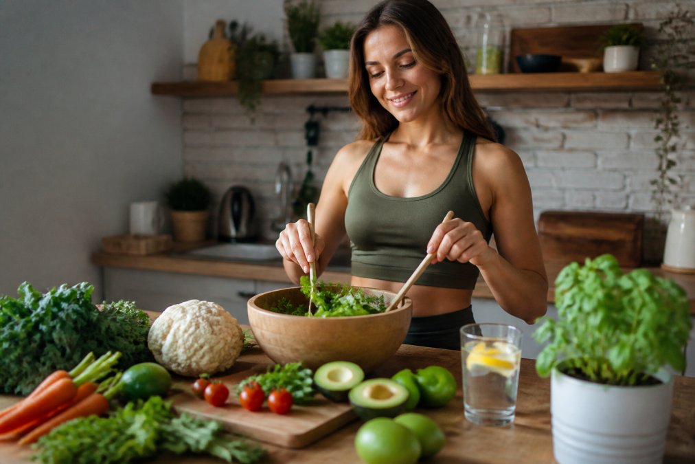 Woman in a green sports bra tossing greens in a wooden salad bowl on a kitchen counter with fresh vegetables nearby.