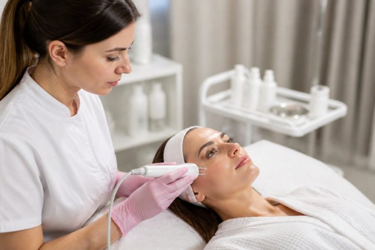 Esthetician in a white uniform performs a facial treatment on a woman lying on a spa bed with a handheld device.