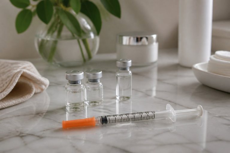 peptide-therapy-for-anti-aging-a-complete-2026-guide-1787882848 - Thrive Health Solutions Syringe with orange plunger and three small glass vials on a marble surface, suggesting a vaccination setup.