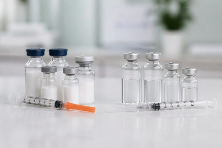 peptides-vs-hormones-key-differences-explained-1787979194-1 - Thrive Health Solutions Medical syringes and glass vials on a white laboratory bench, ready for dosing or storage