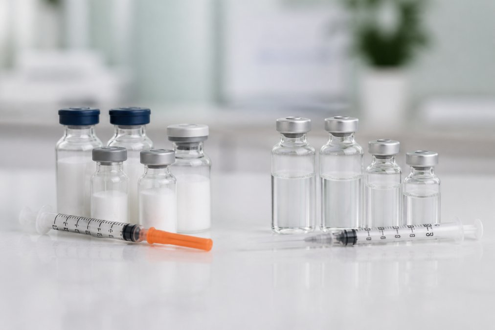 Medical syringes and glass vials on a white laboratory bench, ready for dosing or storage