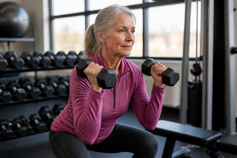 strength-training-exercises-for-women-over-50-1787374482 - Thrive Health Solutions Older woman in a pink athletic top performs a dumbbell squat in a gym, holding hex dumbbells at shoulder height in a wide windowed fitness space.