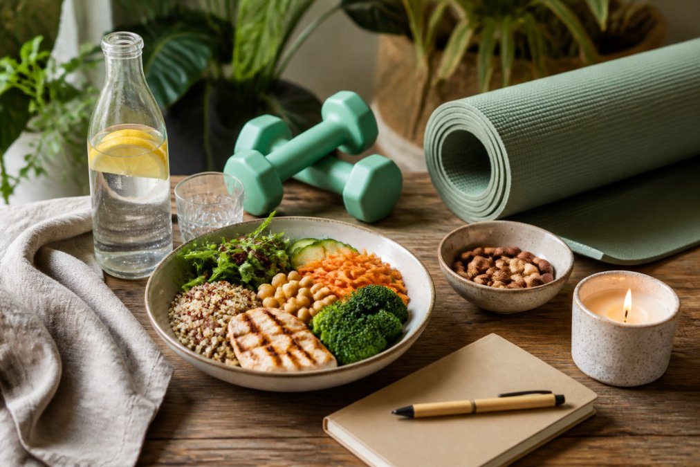 7-best-lifestyle-habits-for-healthy-hormone-balance-1790374440-1 - Thrive Health Solutions - Thrive Health Solutions Healthy balanced meal bowl with greens, quinoa, chicken, broccoli and chickpeas, beside a water bottle with lemon and gym gear.