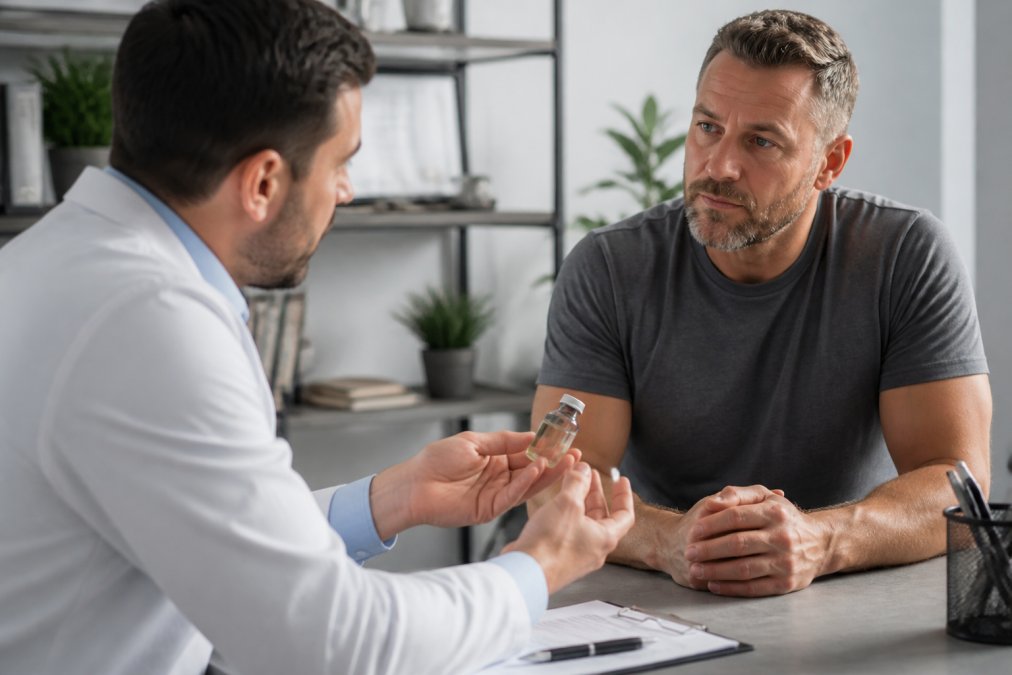 alternatives-to-testosterone-replacement-therapy-for-men-1789348886-1 - Thrive Health Solutions - Thrive Health Solutions Doctor hands a small vial to a man during a medical consultation at a clinic desk.