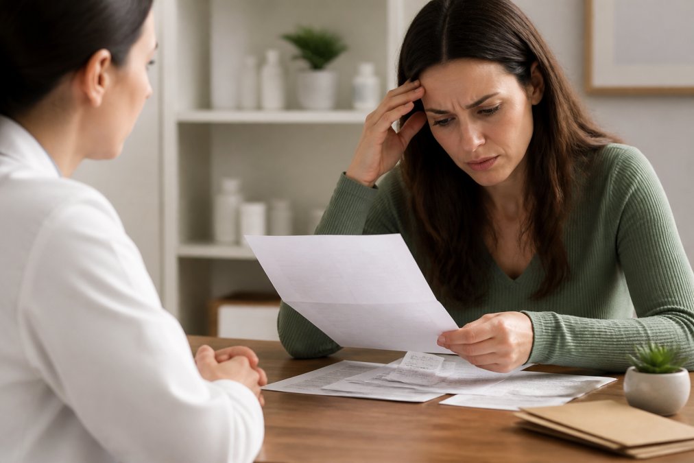 avoiding-hidden-fees-in-wellness-clinics-a-2026-guide-1789435237-1 - Thrive Health Solutions - Thrive Health Solutions Woman with a concerned expression reviews a document at a desk during a consultation with a professional across from her.