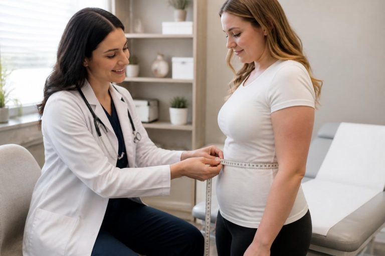 best-medical-treatment-for-weight-loss-in-2026-1789262468-1 - Thrive Health Solutions Doctor measures pregnant patient's belly with a tape measure in a clinic, pregnancy checkup in progress.