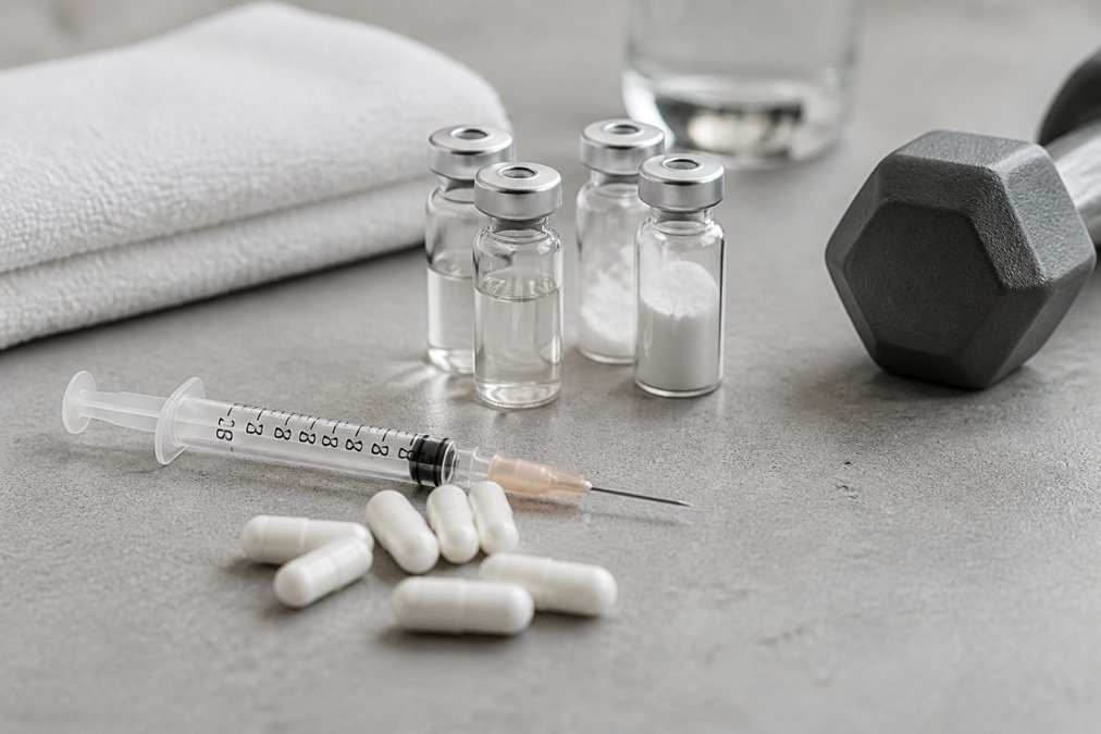 Medical supplies on a gray surface: syringe, white capsules, small glass vials with metal caps, a folded towel, and a dumbbell in the background.