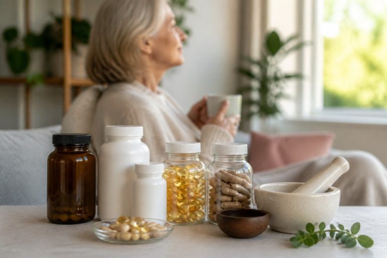 best-supplements-for-menopause-symptoms-at-home-1790115181-1 - Thrive Health Solutions Woman relaxing on a couch with a mug; foreground shows bottles of vitamins and a mortar and pestle on the table.