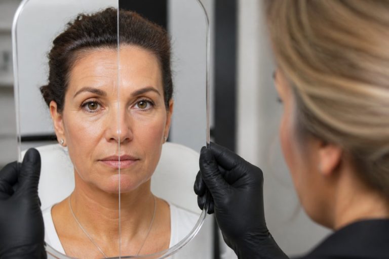 botox-before-and-after-what-real-results-look-like-1788570766-1 - Thrive Health Solutions Woman undergoing a facial exam; a clinician in black gloves holds a clear shield in front of her face for evaluation.