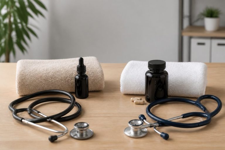 cunningham-clinic-vs-healthlogicmd-a-2026-comparison-1788553684-1 - Thrive Health Solutions Medical exam setup on a wooden table: two stethoscopes, rolled towels, dropper bottles, and a few capsules photographed together.