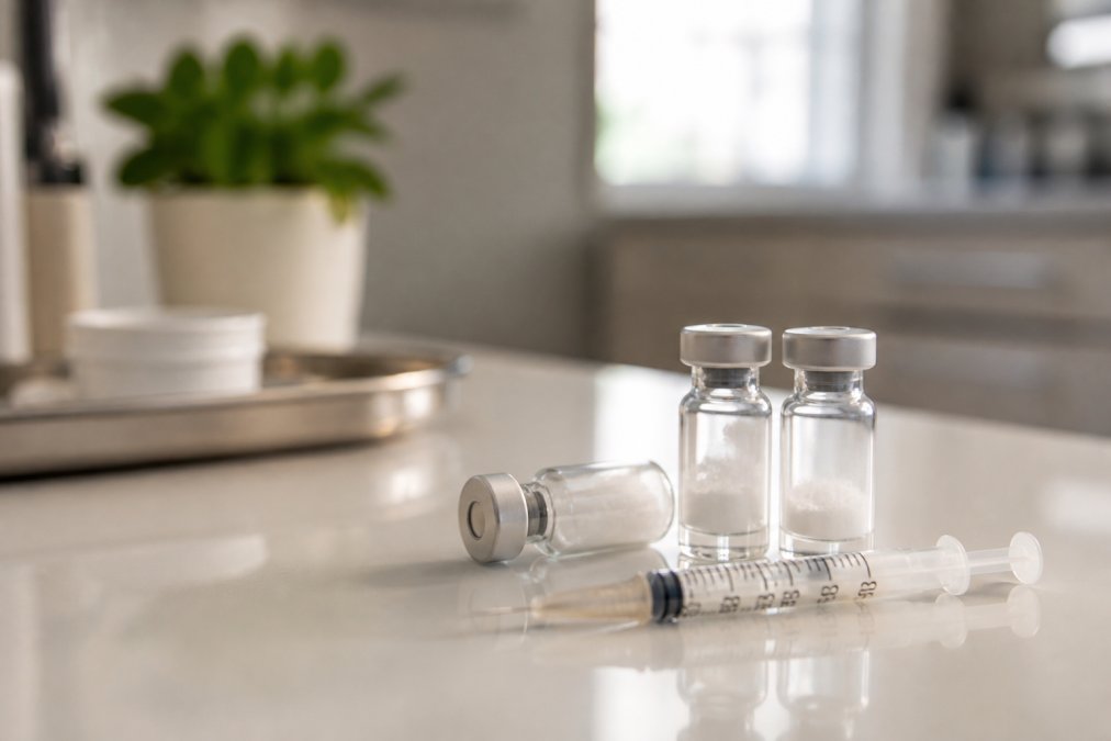 growth-hormone-peptides-what-they-do-and-who-they-help-1790201606-1 - Thrive Health Solutions - Thrive Health Solutions Two glass vials with white powder, a syringe, and a small vial on a lab bench.