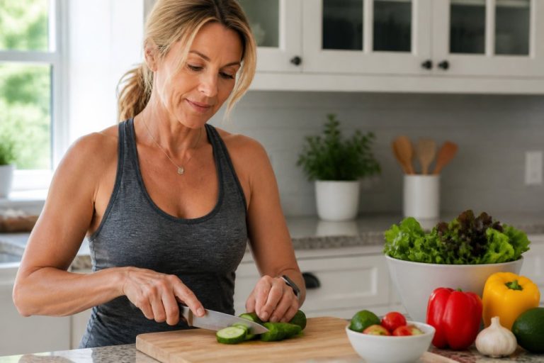 Woman in a gray tank top slices cucumber on a wooden cutting board in a bright kitchen with fresh vegetables nearby, including lettuce, peppers, and tomatoes.