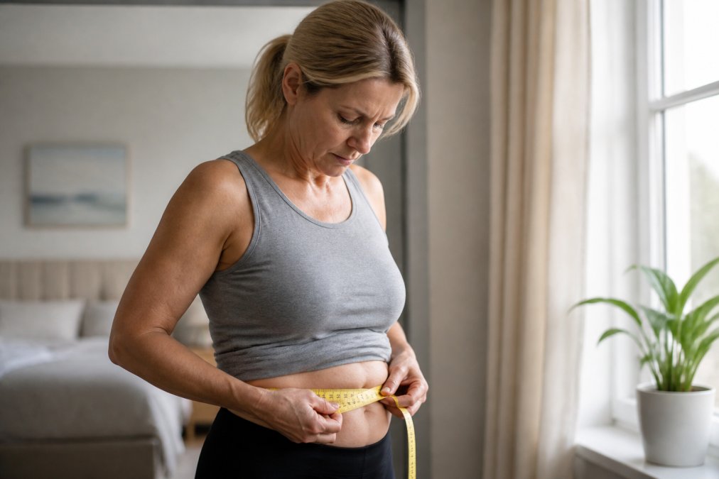 how-to-manage-menopause-weight-gain-naturally-1789855892-1 - Thrive Health Solutions - Thrive Health Solutions Woman in a gray tank top measures her waist with a yellow tape measure at home by a window.