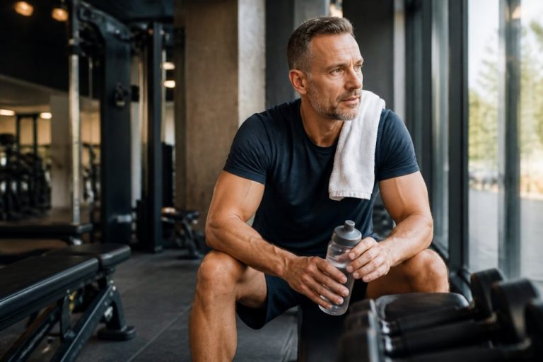 how-to-naturally-boost-testosterone-for-men-over-40-1789554164-1 - Thrive Health Solutions Athletic man taking a break in a gym, holding a water bottle with a towel draped over his shoulder.