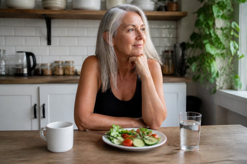 Older woman with gray hair sits at a kitchen table, resting her chin on her hand beside a plate of salad.