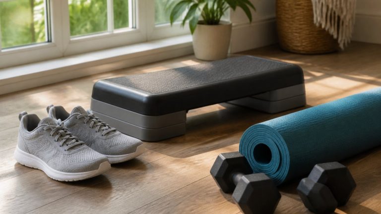 low-impact-cardio-workouts-for-midlife-weight-loss-1790806555-1 - Thrive Health Solutions Home gym scene with gray sneakers, a step platform, a rolled blue yoga mat, and dumbbells on a wooden floor by a window.
