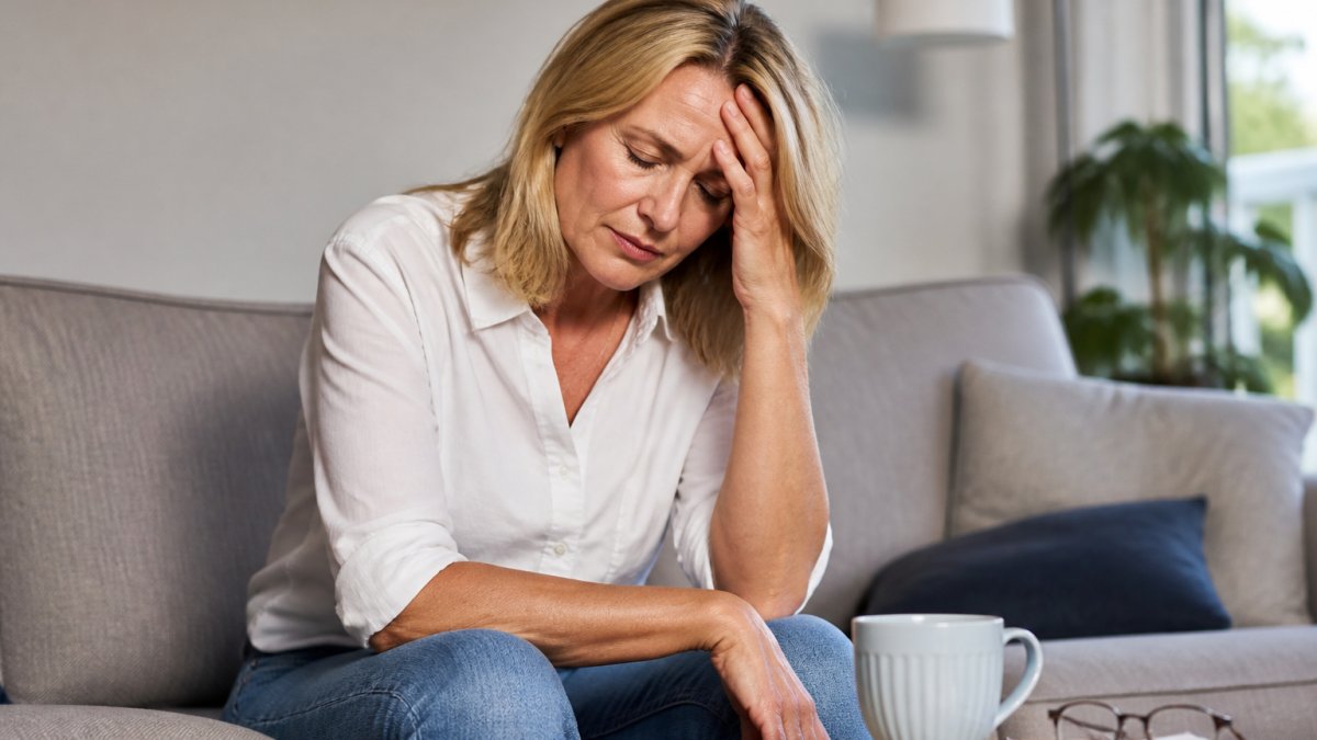 managing-menopause-mood-swings-and-anxiety-a-2026-guide-1790547197-1 - Thrive Health Solutions - Thrive Health Solutions Middle-aged woman sits on a gray sofa, hand pressed to her forehead in distress, with a mug on the coffee table nearby in a living room.