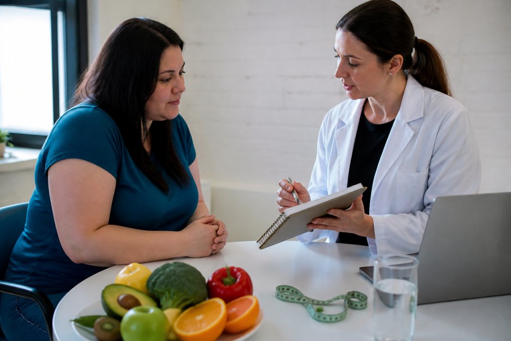 Nutritionist consults a woman at a table with fruit, a measuring tape, and a laptop nearby.