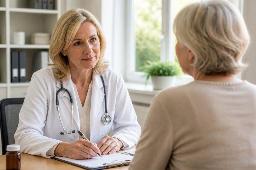 menopause-specialists-in-denver-for-hormone-therapy-1789769515-1 - Thrive Health Solutions - Thrive Health Solutions Female doctor in white coat with stethoscope consults an older patient at a desk, taking notes on a clipboard in a bright clinic.