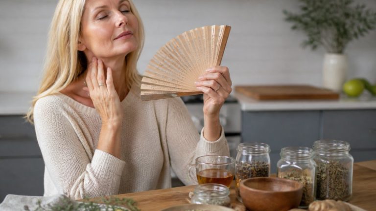 natural-remedies-for-perimenopause-hot-flashes-at-home-1790633675-1 - Thrive Health Solutions Relaxed woman in a cream sweater holds a wooden folding fan near her face in a kitchen, with jars of herbs and tea on the table.