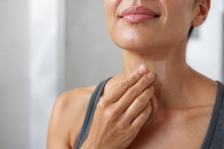 peptide-film-for-hormone-delivery-what-it-is-1790028693-1 - Thrive Health Solutions Close-up of a woman applying a small adhesive bandage to her neck.