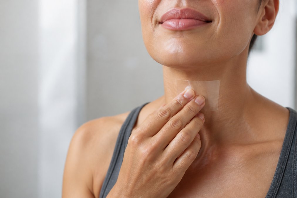 Close-up of a woman applying a small adhesive bandage to her neck.