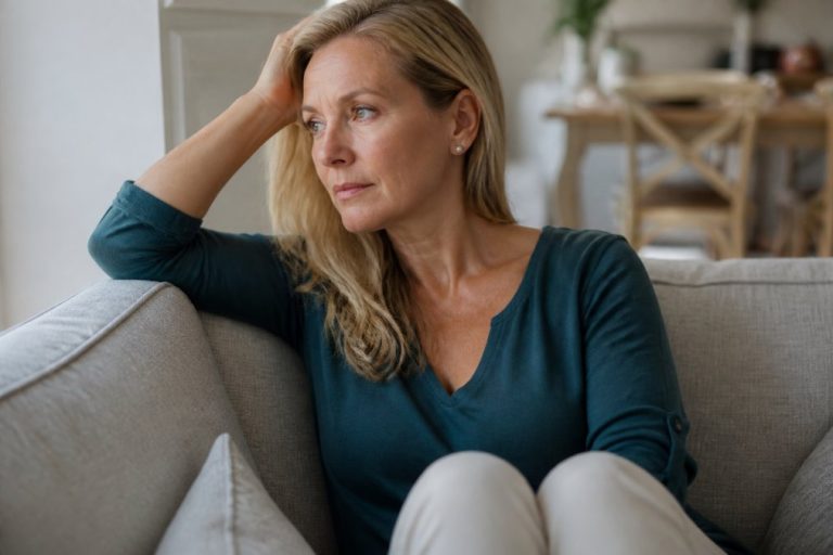 perimenopause-hormone-decline-symptoms-in-women-over-40-1790460742-1 - Thrive Health Solutions Woman seated on a gray sofa, resting her head on her hand, looking pensive in a cozy living room.