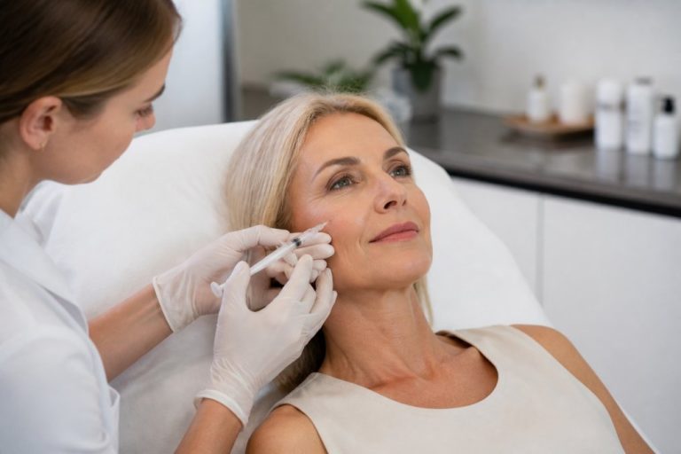 A clinician in gloves injects a syringe into a middle-aged woman's cheek during a cosmetic treatment in a clinic to improve facial appearance.