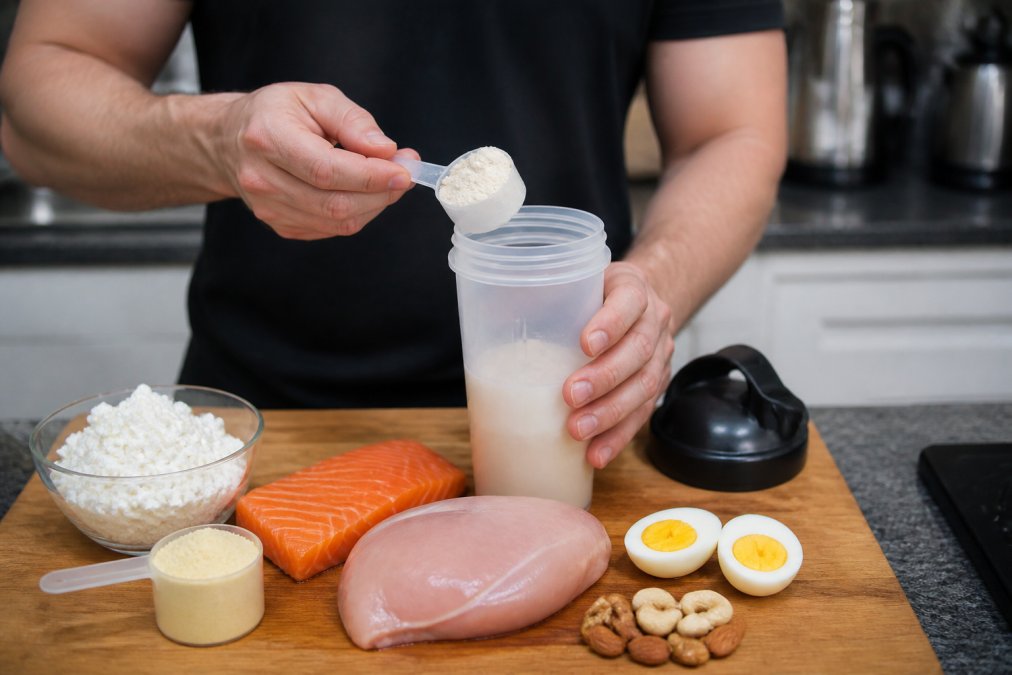 Person scooping protein powder into a shaker while a cutting board holds salmon, chicken breast, hard-boiled eggs, cottage cheese, almonds and a small scoop of powder nearby.