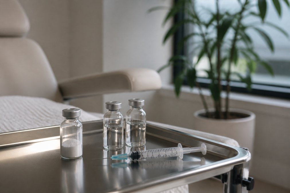 Syringe and glass vials on a stainless medical tray in a clinic setting with a plant in the background.