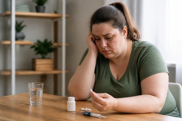 Woman sitting at a table looking stressed while handling a pill bottle and pills on the table.