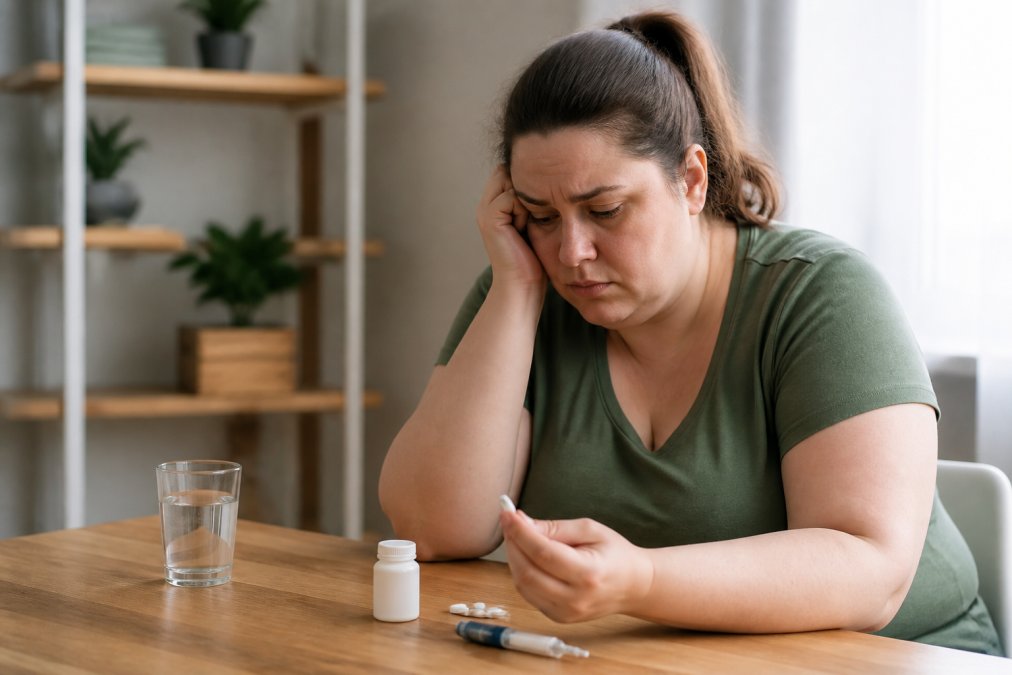 Woman sitting at a table looking stressed while handling a pill bottle and pills on the table.