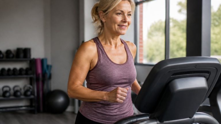 best-cardio-exercises-for-menopause-weight-loss-1791500734-1 - Thrive Health Solutions Woman in a purple tank top running on a treadmill in a bright gym, smiling.