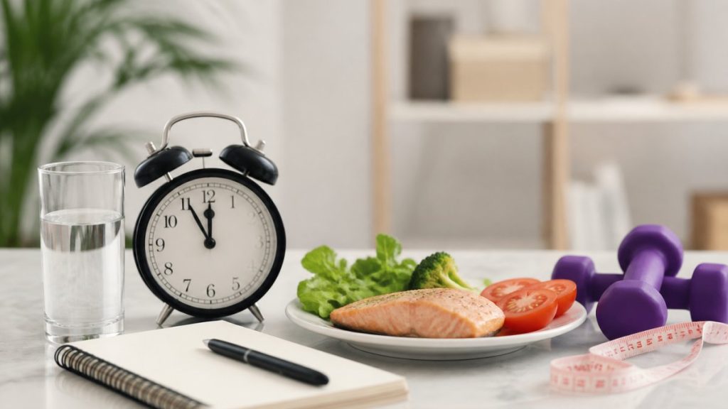 Clock, plate with salmon and greens, glass of water, purple dumbbells, and a measuring tape on a desk.