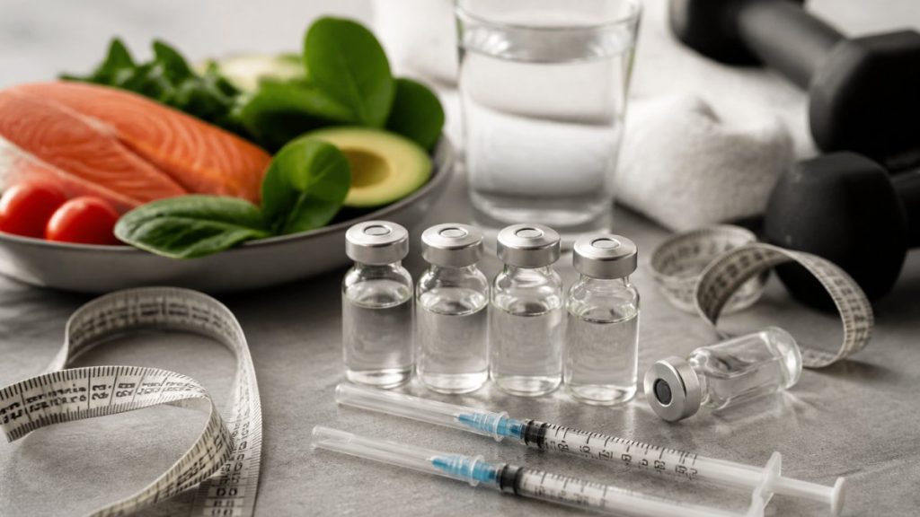 Vaccine vials and syringes on a table beside a plate of salmon and greens, a measuring tape, water glass, and dumbbells in the background.