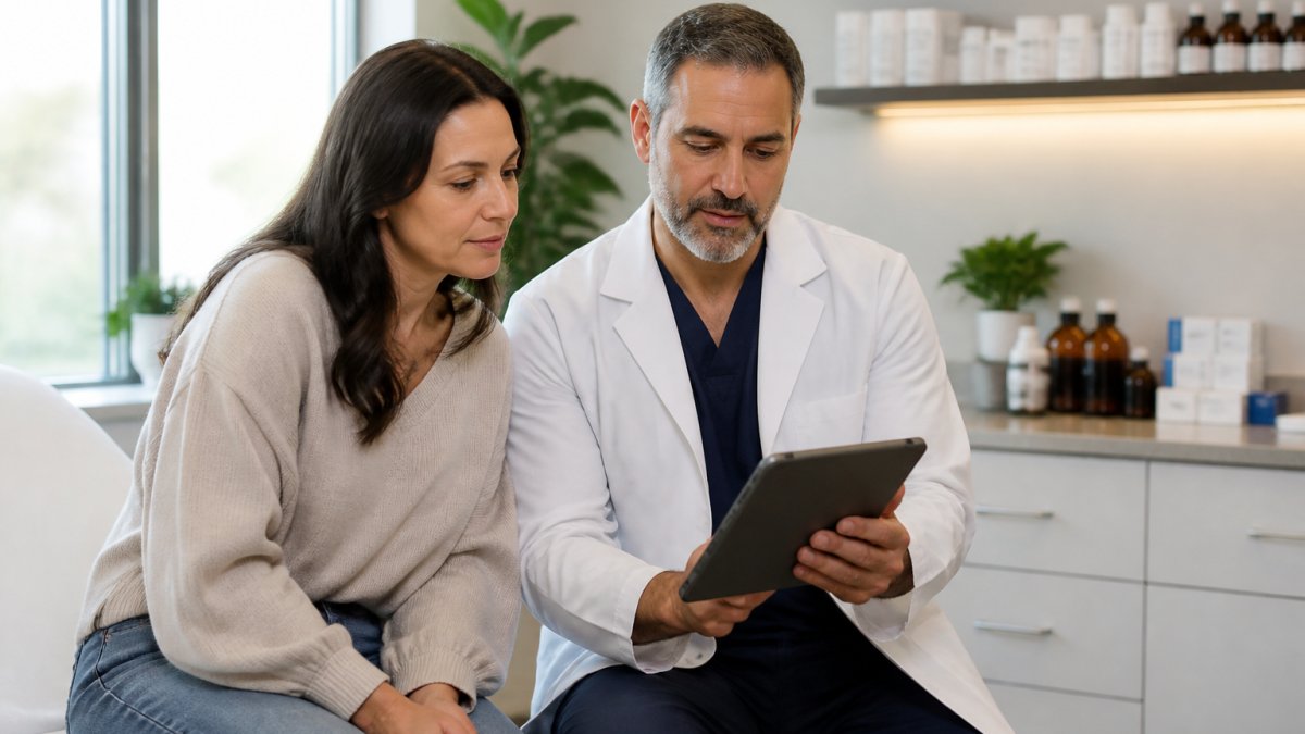 A physician in a white coat reviewing a tablet with a patient in a bright, modern clinic consultation room, both looking at the screen together