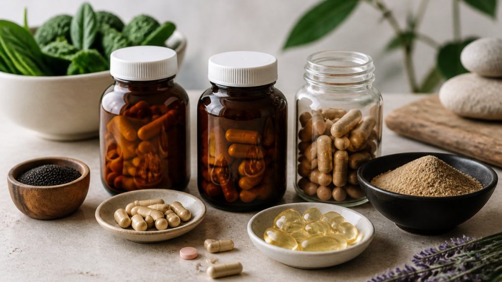 Assortment of dietary supplements in amber bottles and bowls on a neutral counter, with capsules, softgels, and powder.