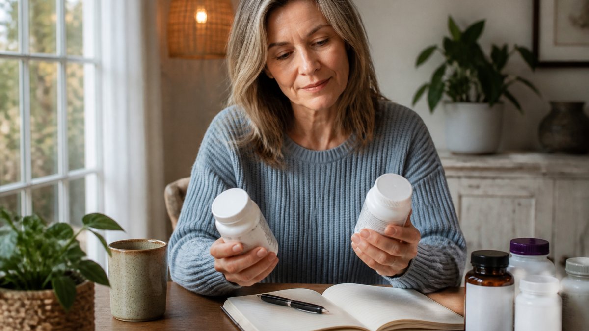 Woman in her 40s in a bright home setting reviewing supplement bottles and a wellness journal on a table with natural light streaming through a window