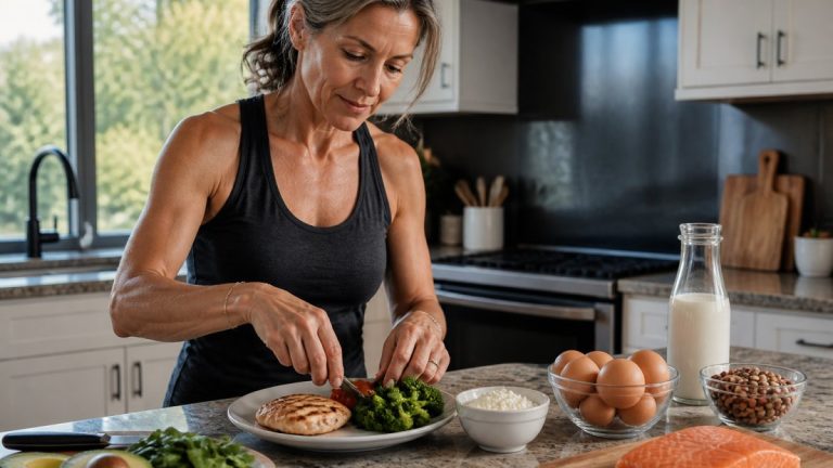 high-protein-diet-for-menopause-muscle-retention-1791328991-1 - Thrive Health Solutions Woman preparing a healthy breakfast in a bright kitchen, slicing greens on a plate with eggs, milk, and salmon nearby on the counter.